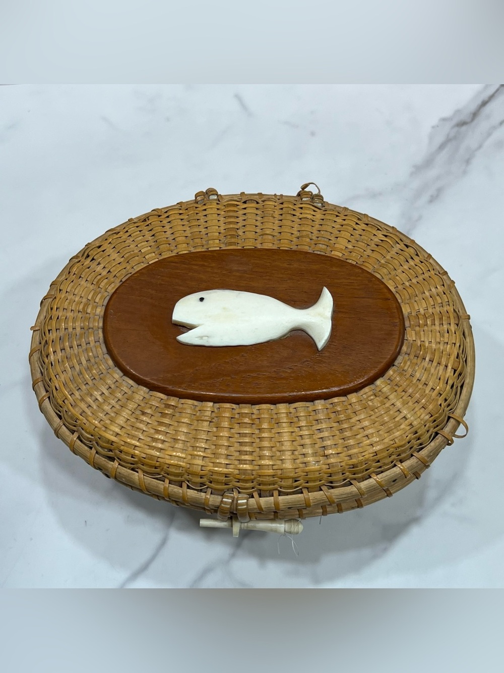 Vintage Nantucket Lightship Friendship Basket Purse Carved Whale Nautical